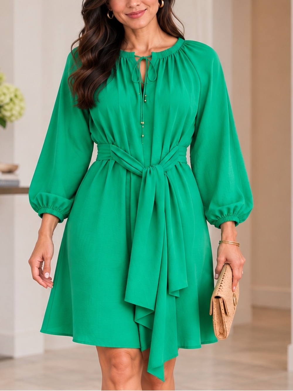 Antonio Melani Green Dress with Tie Neck and Matching Tie Belt